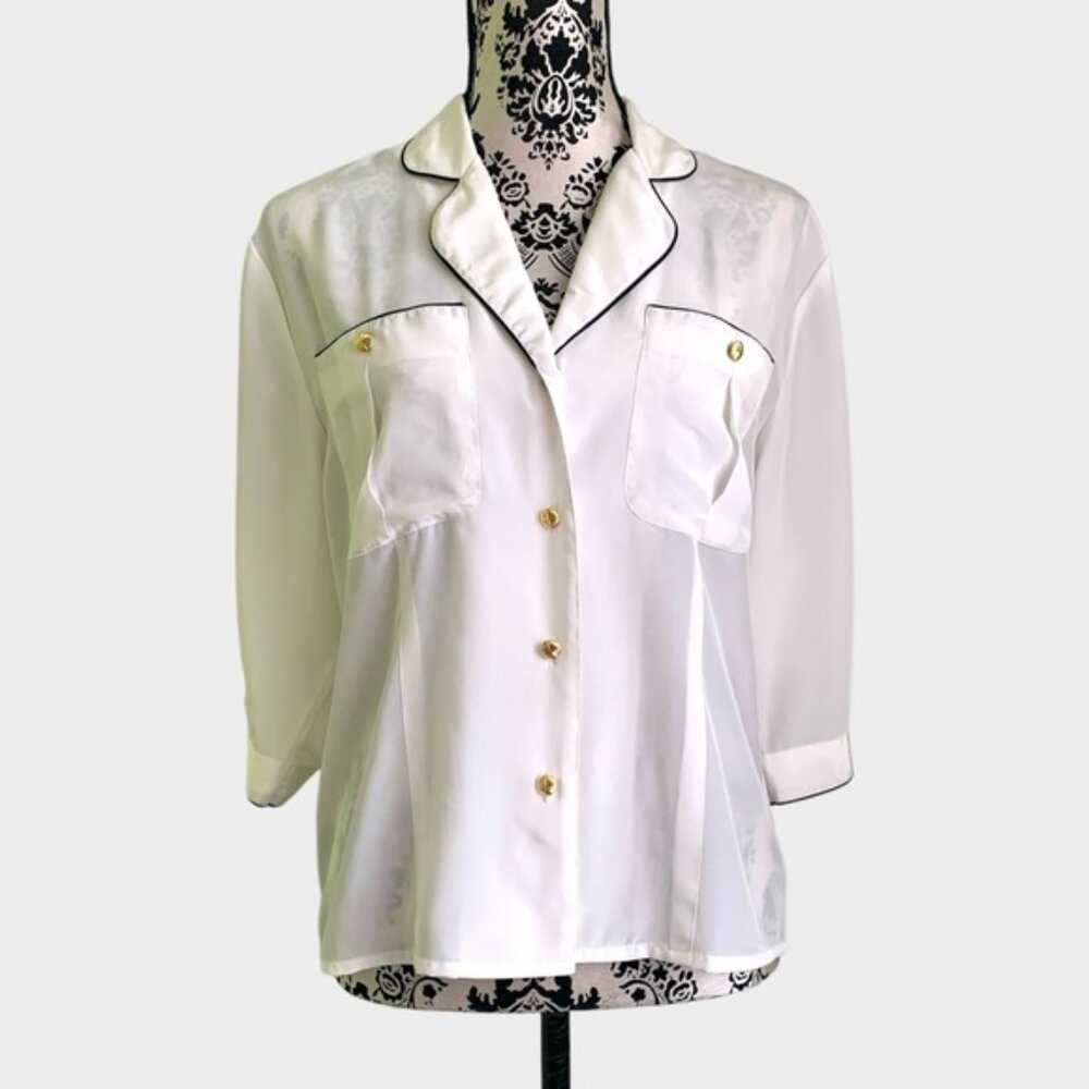 Vintage Ivory Blouse with Black Trim and Gold Buttons